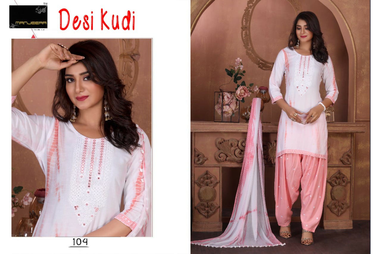 Manjeera Desi Kudi Rayon Patiyala Ready Made Wholesale Suit Collection